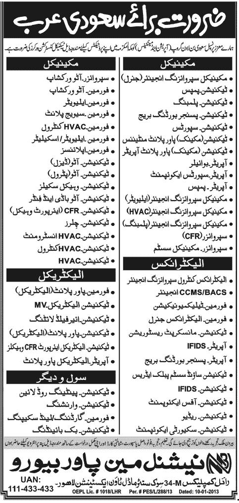 National Manpower Bureau Needs Engineers, Foremen & Technicians for Saudi Arabia