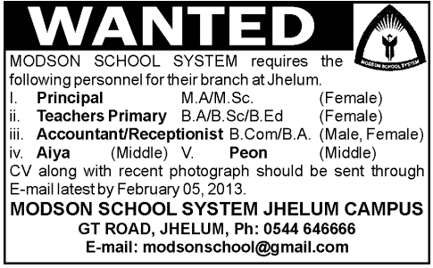 Modson School System Needs Principal, Teachers, Accountant / Receptionist, Aaya & Peon