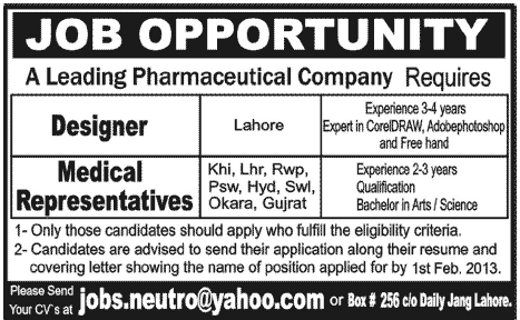 Designer & Medical Representatives Required for a Pharmaceutical Company