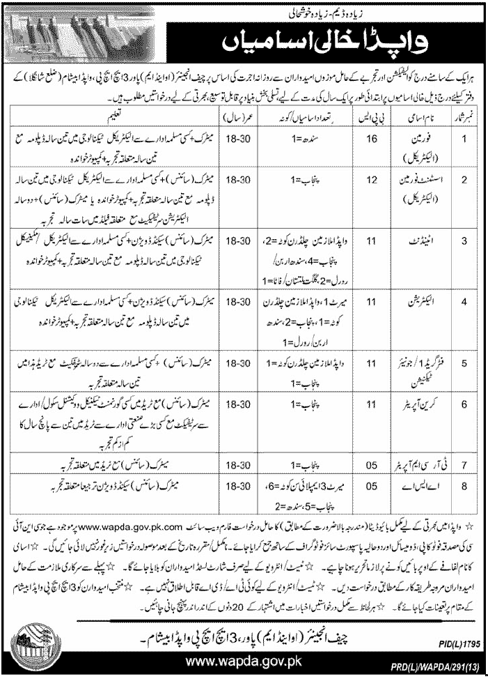 Jobs in WAPDA KPK 2013 at 3HHP Besham - Latest Ad