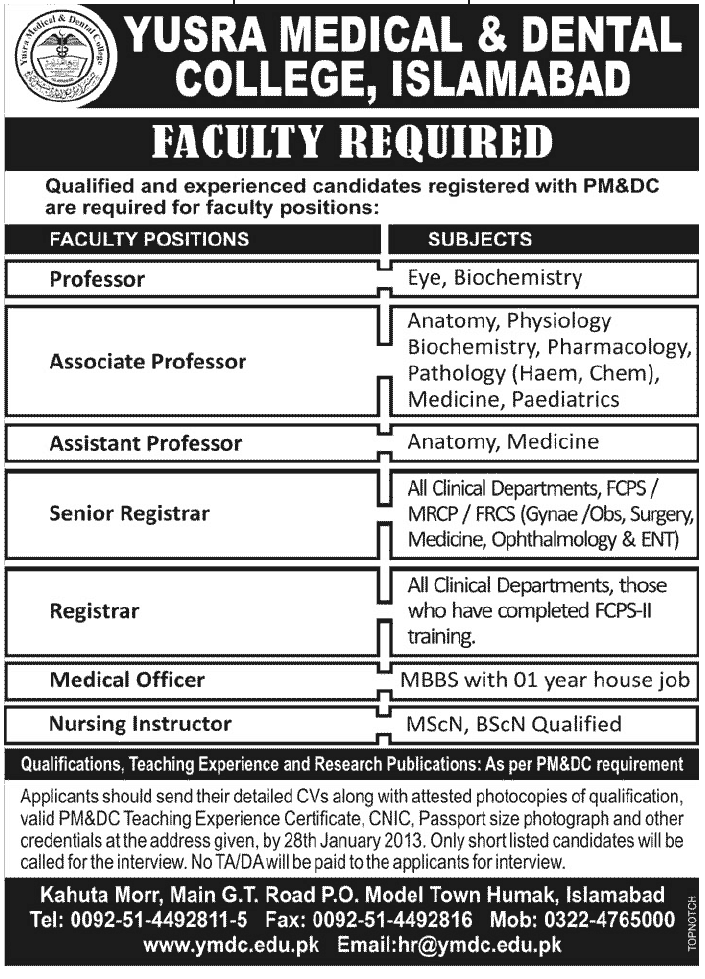 Yusra Medical & Dental College Islamabad Jobs 2013 Professors, Registrars, Medical Officers & Nursing Instructor