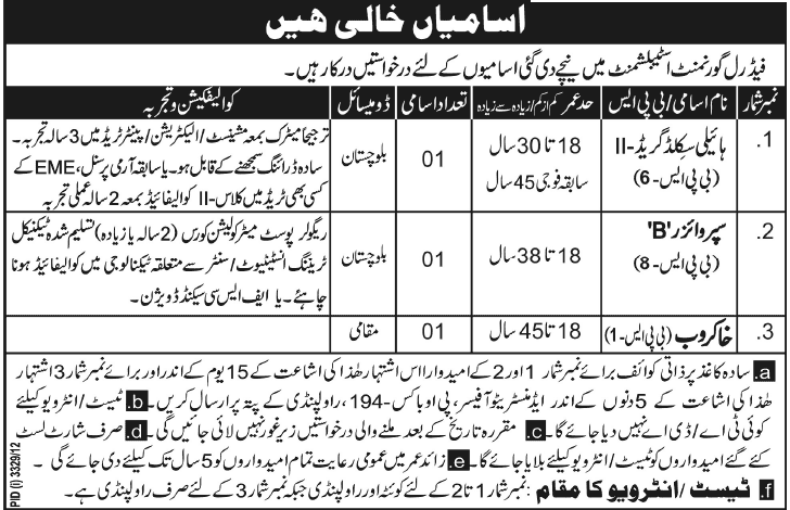 PO Box 194 Rawalpindi Jobs 2013 in a Federal Government Establishment