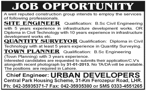 Town Planner, Site Engineer & Quantity Surveyor Vacancies 2013 at Urban Developers