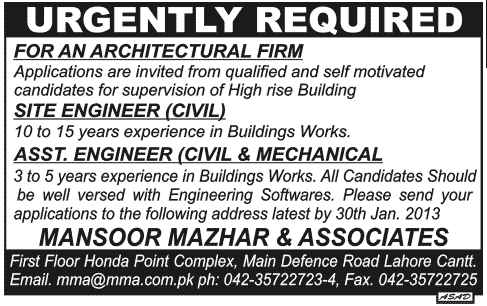 Site Engineer and Civil & Mechanical Engineers Jobs at Mansoor Mazhar & Associates Lahore
