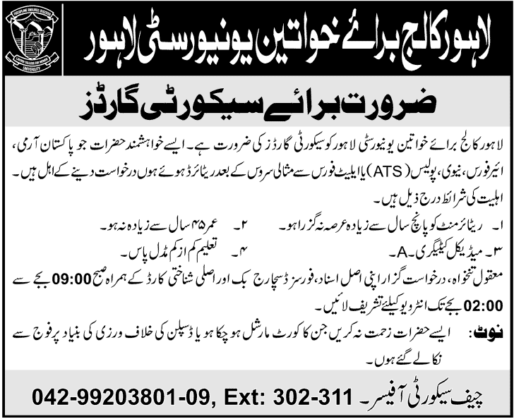 Lahore College for Women University Jobs 2013 for Security Guards