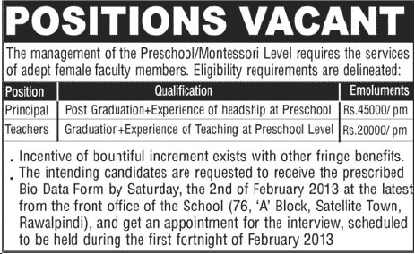 Female Teachers & Principal Jobs at a Montessori Level Pre-School in Rawalpindi