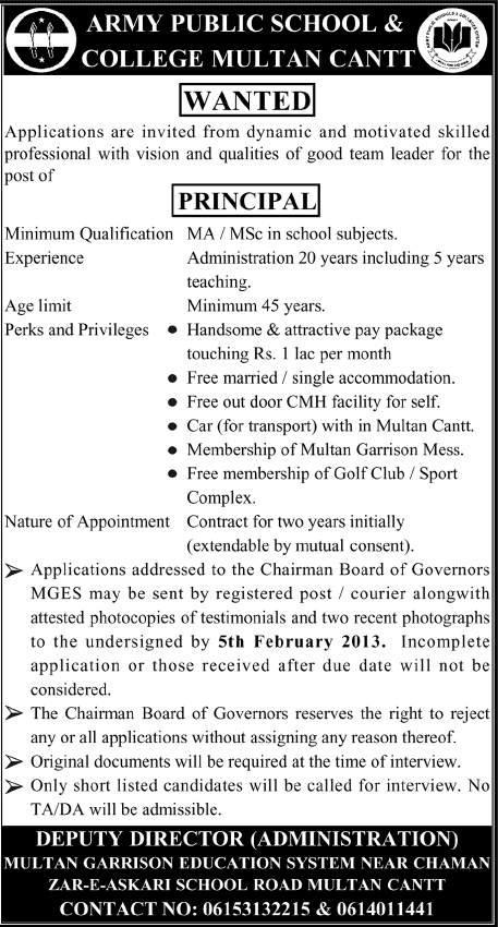 Army Public School & College Multan Cantt. Job for Principal