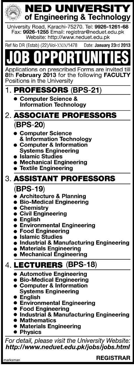 NED University Jobs 2013 Karachi Latest Ad for Lecturers & Professors