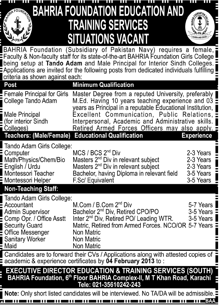 Teaching & Non-Teaching Staff Jobs at Bahria Foundation Education & Training Services