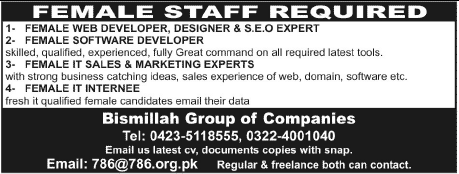 Female IT Staff Jobs at Bismillah Group of Companies