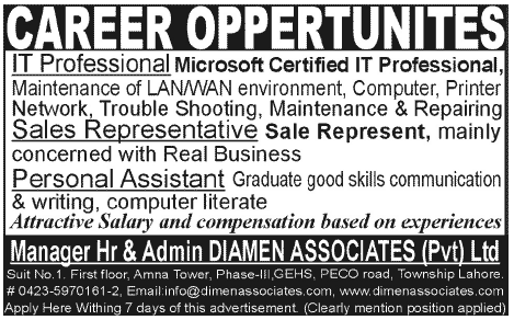 Dimen Associates (Pvt.) Ltd. Needs IT Professional, Sales Representative & Personal Assistant