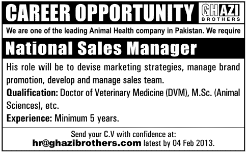 Ghazi Brothers Needs National Sales Manager