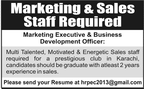 Marketing Executive & Business Development Officer Jobs for a Club in Karachi