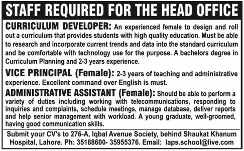 Curriculum Developer, Vice Principal & Administrative Assistant Jobs