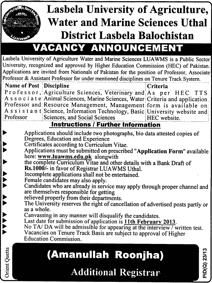 Lasbela University of Agriculture, Water & Marine Sciences Jobs 2013