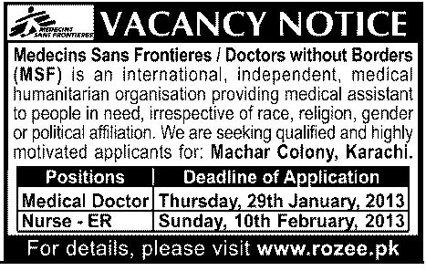 Medecins Sans Frontieres (MSF) Jobs for Medical Doctor & Nurse - ER