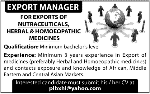 Export Manager Job for Nutraceuticals, Herbal & Homeopathic Medicine
