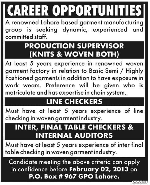 Garment Manufacturing Group PO Box 967 GPO Lahore Jobs 2013