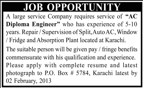 AC Diploma Engineer Job at P.O. Box 5784, Karachi