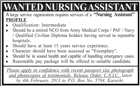 Nursing Assistant Job at PO Box 5784 Karachi