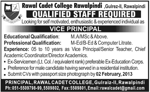 Rawal Cadet College Rawalpindi Needs Vice Principal