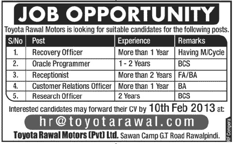 Toyota Rawal Motors (Pvt.) Ltd. Jobs for Recovery Officer, Oracle Programmer & Staff