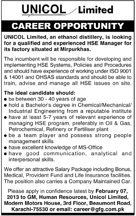 Unicol Limited Needs Health & Safety Executive (HSE) Manager