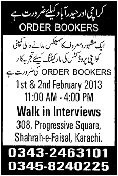 Order Bookers Jobs for Cosmetics Company