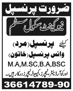 Principals, Coordinator, Teachers Jobs at New Cantt. School System