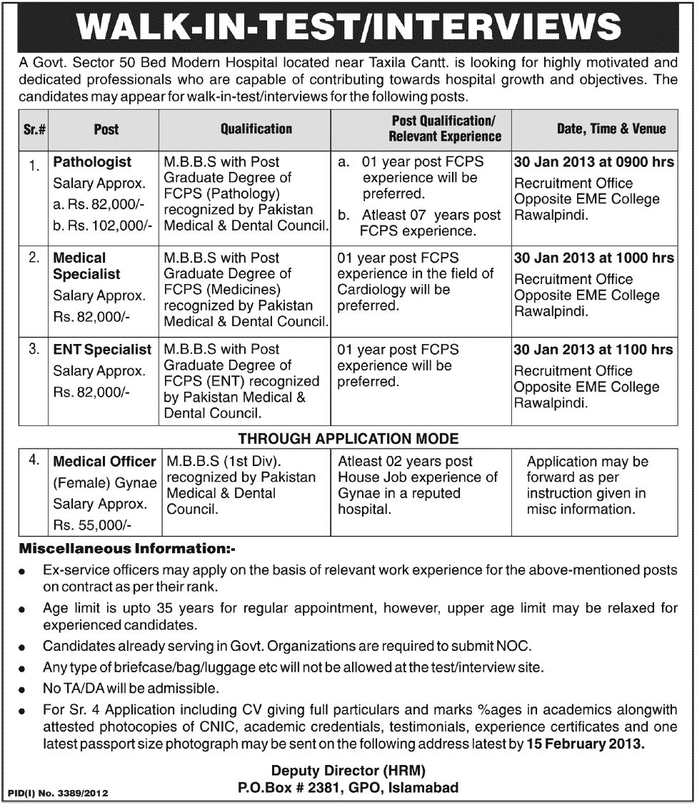 Medical Officer, Specialists & Pathologist Jobs in a Government Sector Hospital