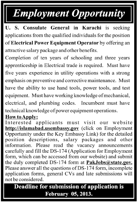 US Consulate Karachi Job for Electrical Power Equipment Operator (US Embassy Job in Pakistan)