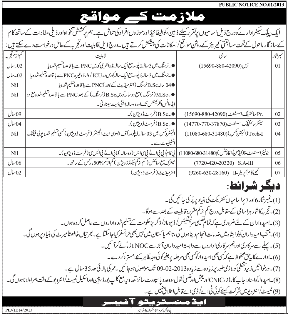 PO Box 64 Nawabshah Jobs 2013 in a Public Sector Organization