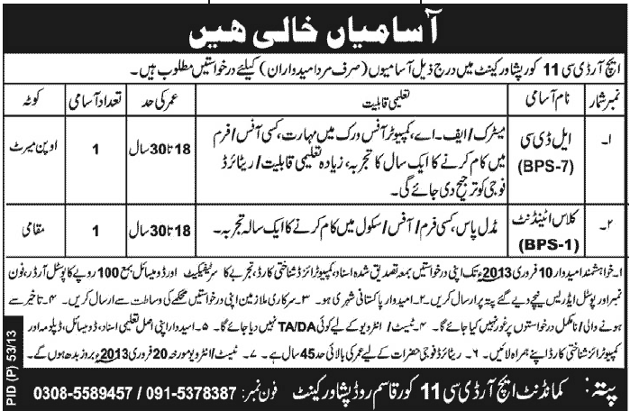 HRDC 11 Core Peshawar Cantt Jobs 2013