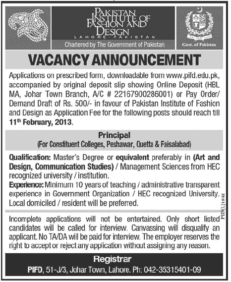 PIFD Jobs 2013 Principals at Faisalabad, Peshawar & Quetta Colleges