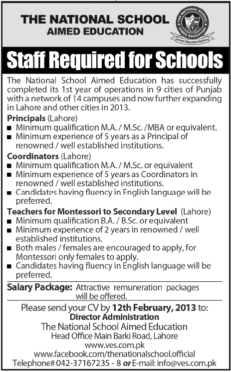 Principals, Coordinators & Teachers Jobs at The National School Aimed Education Lahore