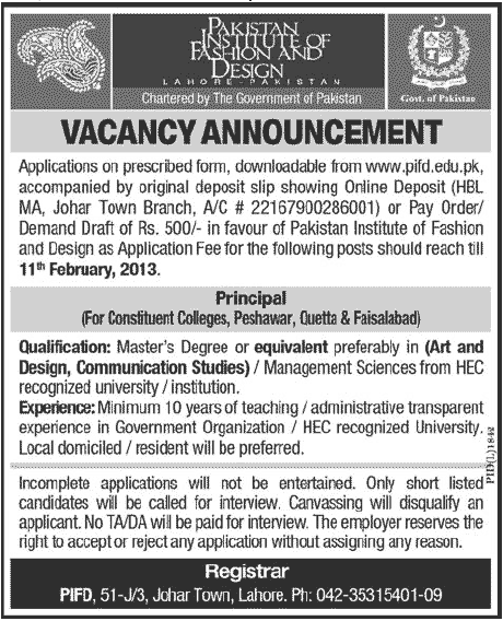 Principal Jobs at Peshawar, Quetta & Faisalabad Colleges of Pakistan Institute of Fashion & Design