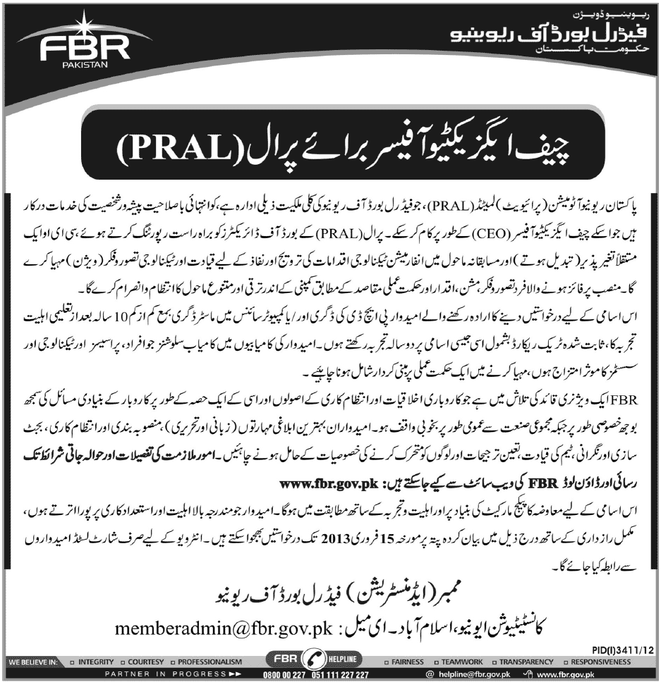 Pakistan Revenue Automation Limited (PRAL) Job for CEO 2013