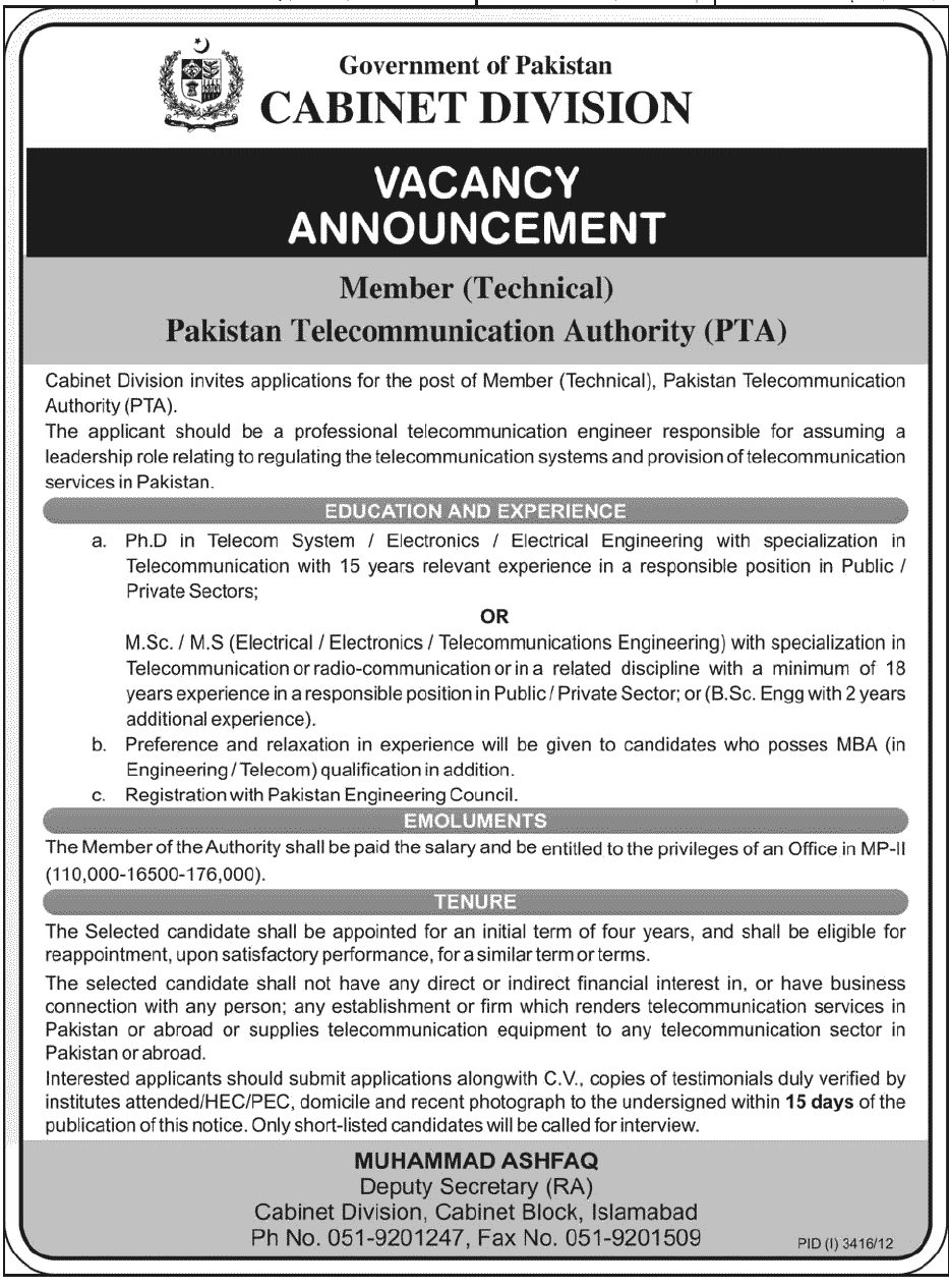 Member Technical Vacancy at PTA 2013 by Cabinet Division