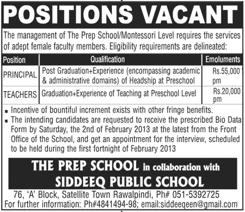 Female Principal & Teachers Jobs at The Prep School / Siddeeq Public School Rawalpindi