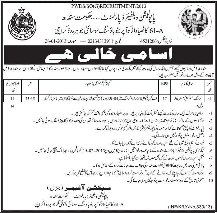 Nursing Instructor / Sister Tutor Vacancies 2013 at Population Welfare Department Sindh