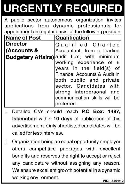 PO Box 1487 Islamabad Job 2013 for Director Accounts & Budgetary Affairs