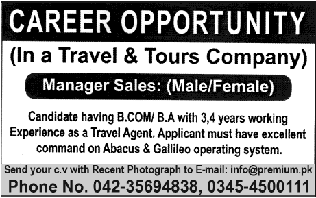 Premium Travel & Tours Lahore Job for Manager Sales