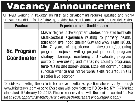 Job in INGO 2013 for Sr. Program Coordinator in Islamabad