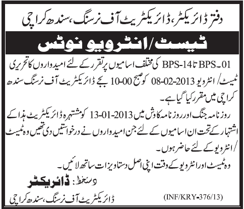 Directorate of Nursing Sindh Karachi Jobs 2013 Written Test/Interview Schedule