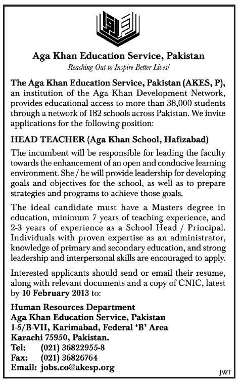 Head Teacher Jobs at Aga Khan School, Hafizabad