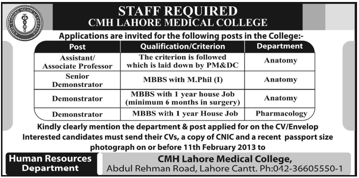 CMH Lahore Medical College Needs Professors & Demonstrators