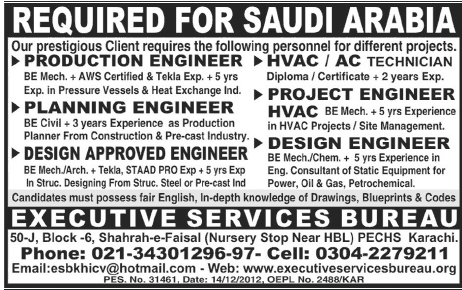 Executive Services Bureau Needs Engineers & Technician for Saudi Arabia