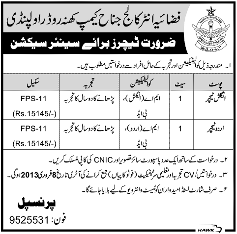 Teachers Jobs in Fazaia Intercollege, Rawalpindi