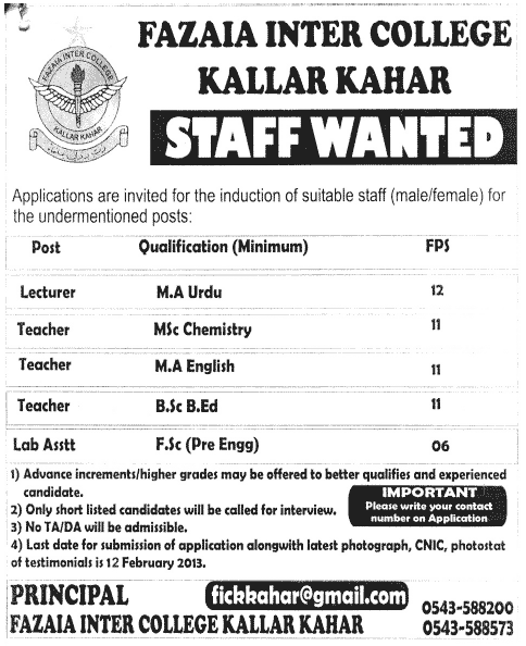 Fazaia Inter College, Kallar Kahar Needs Lecturer, Teachers & Lab Assistant