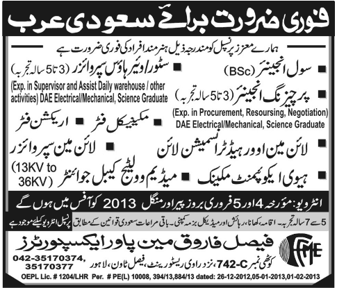 Faisal Farooq Manpower Exporters Needs Personnel for Saudi Arabia